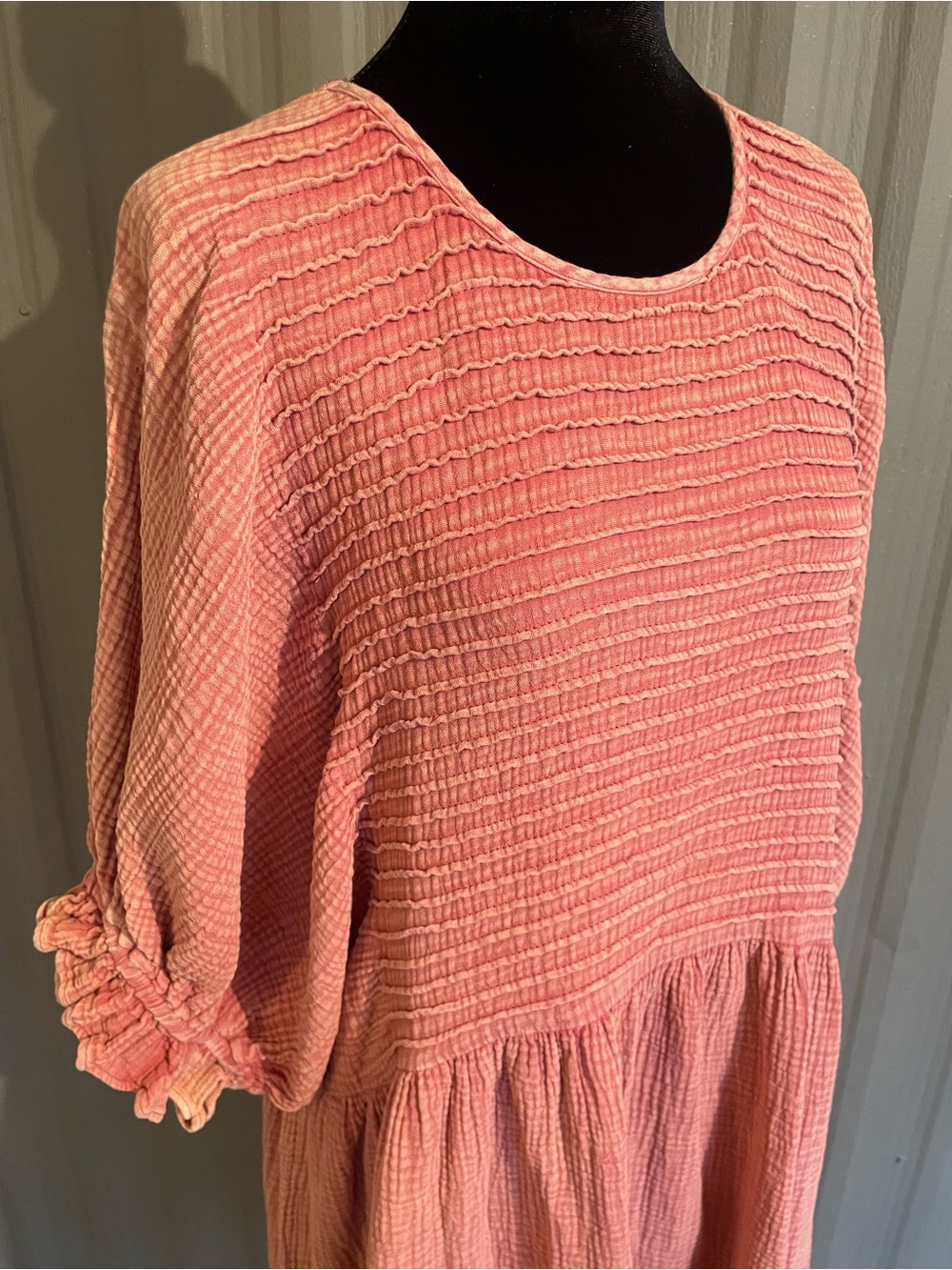 Easel Crinkle Gauze Dress Oversized Boho Midi Balloon Slv Clay Coastal Cottage L - Picture 2 of 13